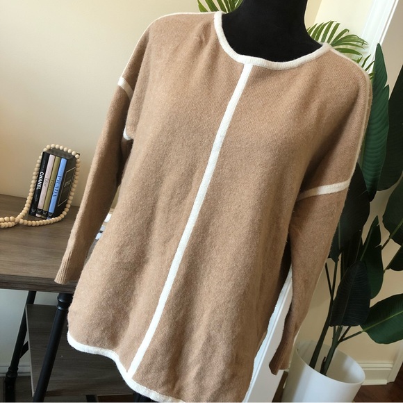 J. Crew 100% Wool Soft Tan Crew Neck Sweater with White Trim - Picture 2 of 7